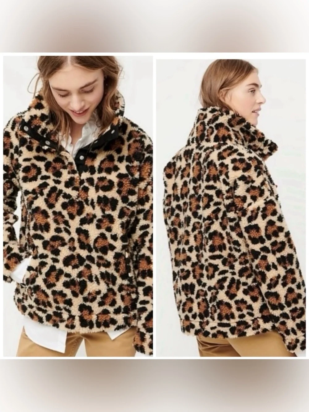 J. Crew Snap-Collar Sherpa Pullover Jacket in Leopard Print